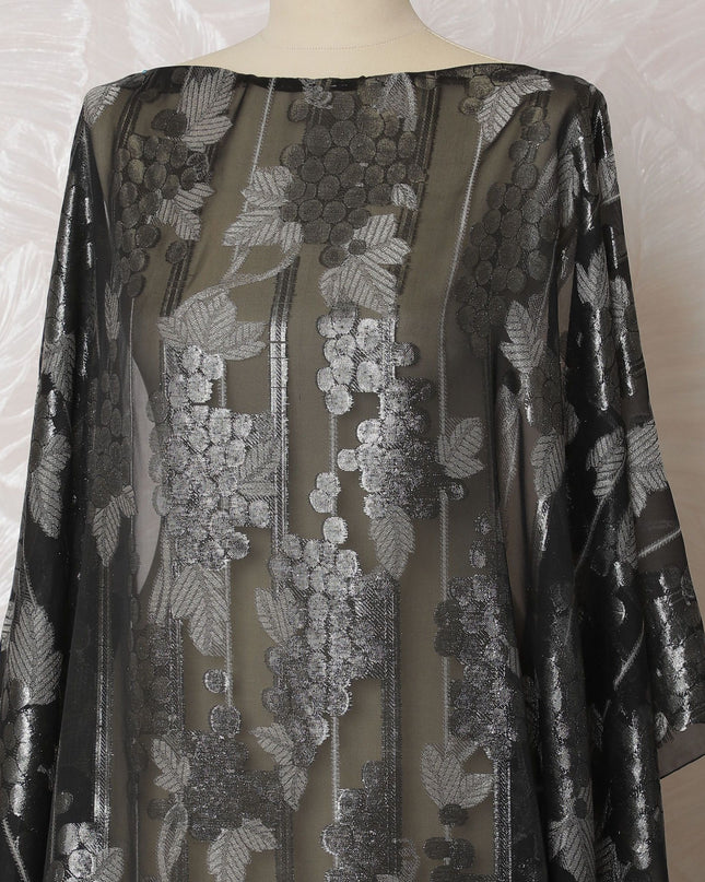 Black Premium pure French (Fransawi) chiffon fabric with grey viscose and silver metallic lurex in floral design-D16675