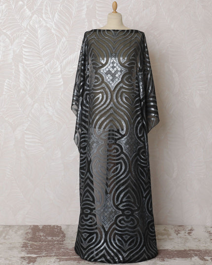 Black Premium pure French (Fransawi) silk chiffon fabric with grey viscose and baby blue metallic lurex in abstract design-D16677