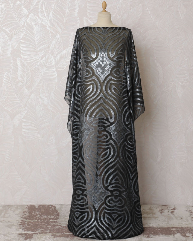 Black Premium pure French (Fransawi) silk chiffon fabric with grey viscose and baby blue metallic lurex in abstract design-D16677