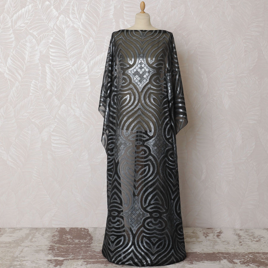 Black Premium pure French (Fransawi) silk chiffon fabric with grey viscose and baby blue metallic lurex in abstract design-D16677