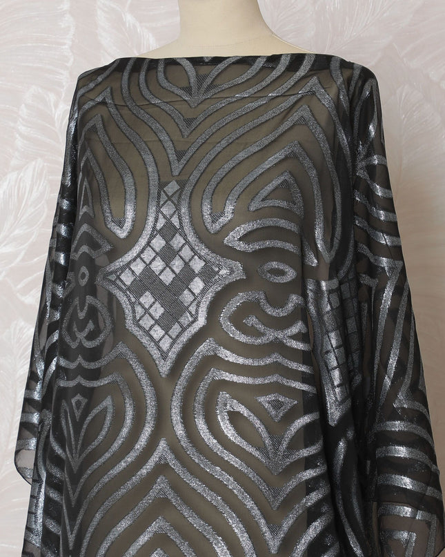 Black Premium pure French (Fransawi) silk chiffon fabric with grey viscose and baby blue metallic lurex in abstract design-D16677