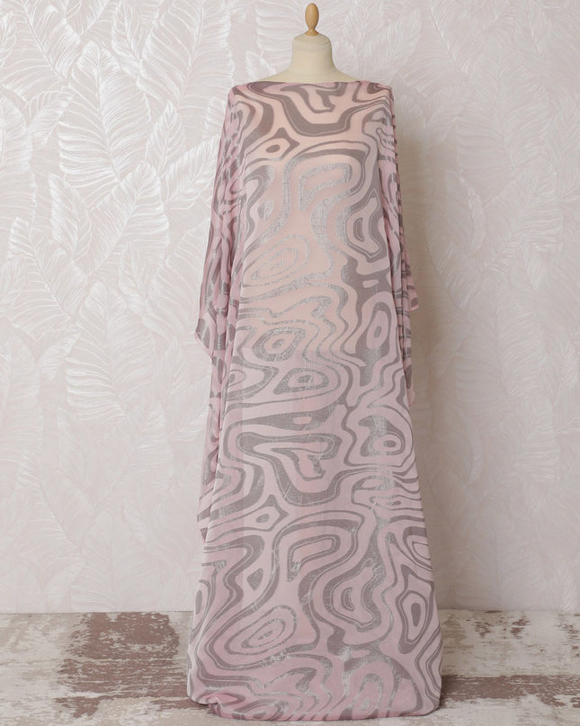 قماش ديراك شيفون حريري فرنسي (فرانساوي) فاخر باللون الوردي الفاتح مع لوركس معدني رمادي بتصميم تجريدي-D16680