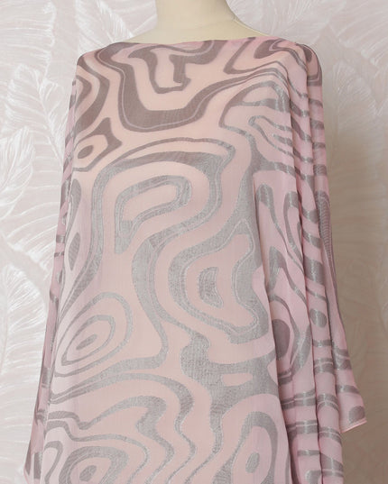 Baby pink Premium pure French (Fransawi) silk chiffon dirac fabric with grey metallic lurex in abstract design-D16680
