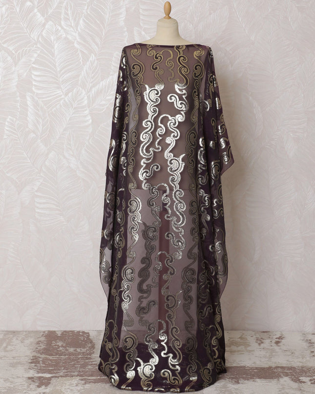 Wine purple Premium pure French (Fransawi) silk chiffon fabric with gold metallic lurex in paisley design-D16681