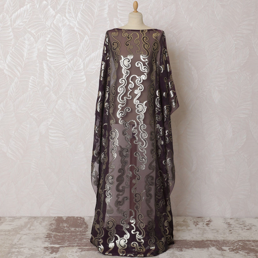 Wine purple Premium pure French (Fransawi) silk chiffon fabric with gold metallic lurex in paisley design-D16681 Regal Fabrics