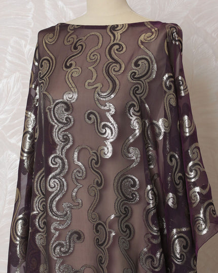 Wine purple Premium pure French (Fransawi) silk chiffon fabric with gold metallic lurex in paisley design-D16681 Regal Fabrics