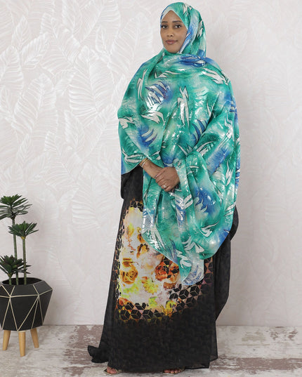 Blue, green Premium pure silk chiffon garbasaar with gold and silver metallic lurex in abstract design-D17091