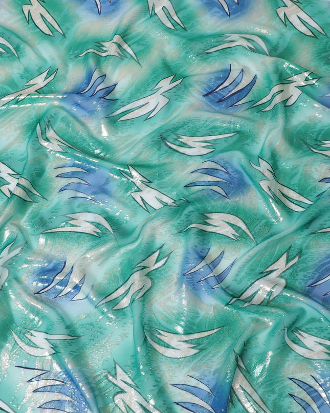Blue, green Premium pure silk chiffon garbasaar with gold and silver metallic lurex in abstract design-D17091