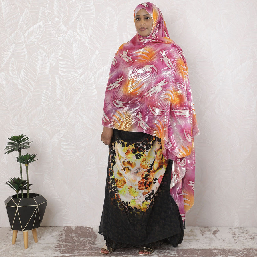 Orange, hot pink Premium pure silk chiffon garbasaar with gold and silver metallic lurex in abstract design-D17092 Regal Fabrics