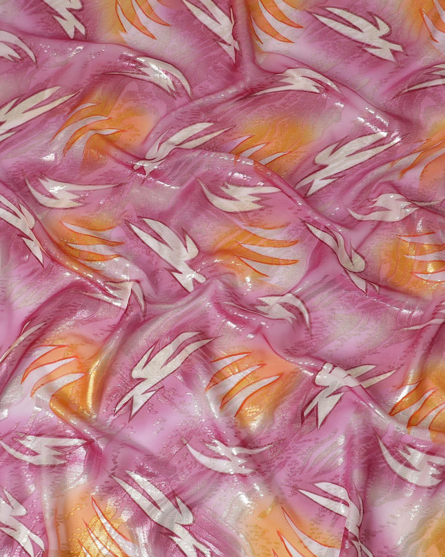 Orange, hot pink Premium pure silk chiffon garbasaar with gold and silver metallic lurex in abstract design-D17092