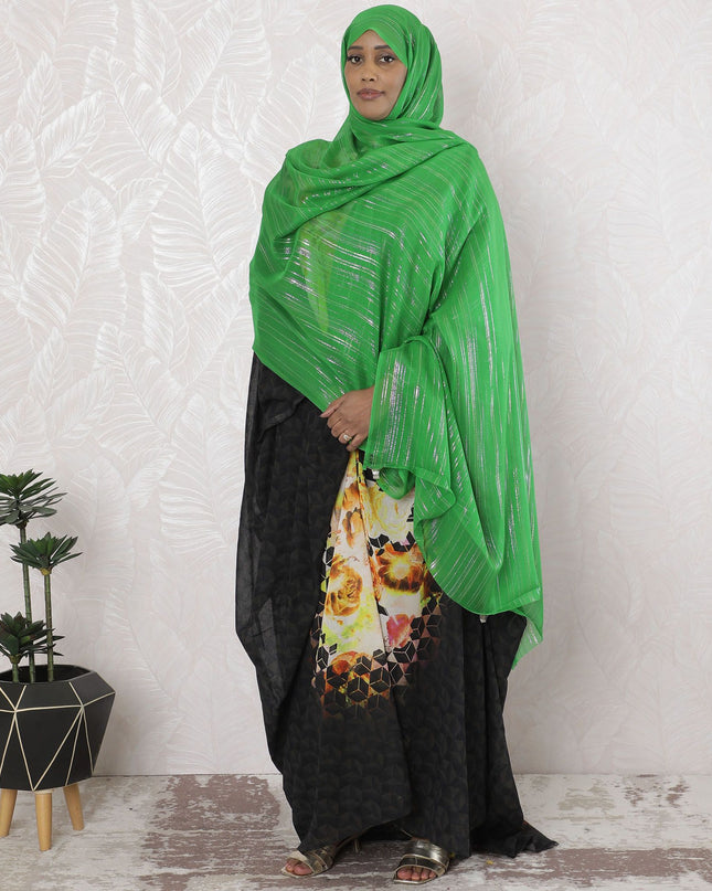 Green Premium pure silk chiffon garbasaar with gold metallic lurex in stripe design-D17096