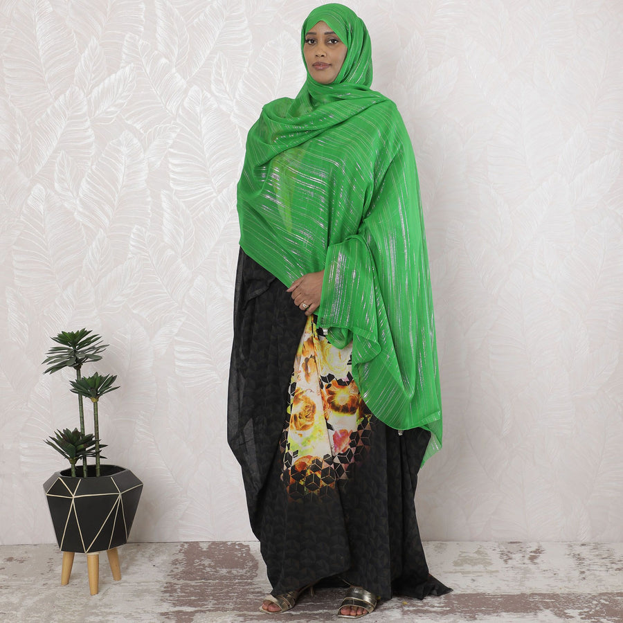 Green Premium pure silk chiffon garbasaar with gold metallic lurex in stripe design-D17096