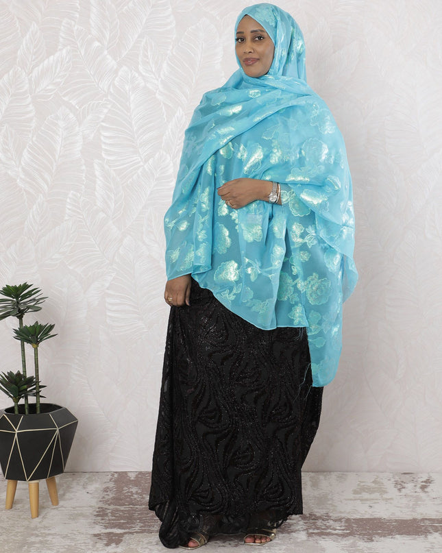 Baby blue Premium pure silk chiffon garbasaar with mint green metallic lurex in floral design-D17103
