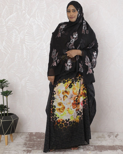 Black Premium pure silk chiffon garbasaar with grey viscose having cerise pink metallic lurex in floral design-D17106