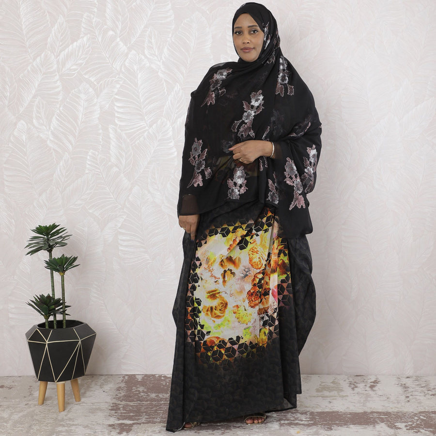 Black Premium pure silk chiffon garbasaar with grey viscose having cerise pink metallic lurex in floral design-D17106