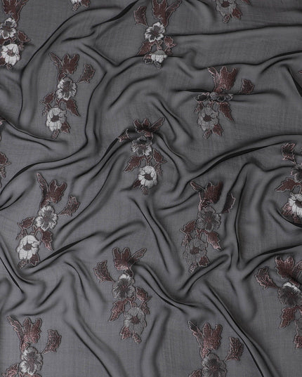 Black Premium pure silk chiffon garbasaar with grey viscose having cerise pink metallic lurex in floral design-D17106