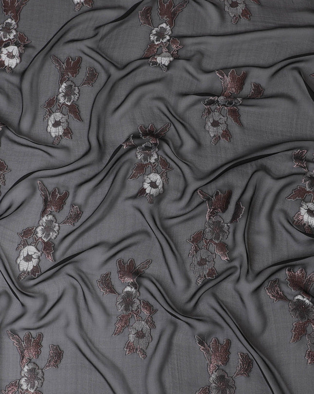 Black Premium pure silk chiffon garbasaar with grey viscose having cerise pink metallic lurex in floral design-D17106