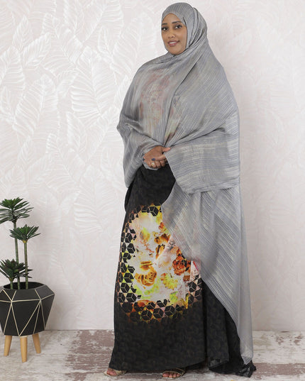 Grey Premium pure silk chiffon garbasaar with same tone viscose having gold metallic lurex in stripe design-D17107