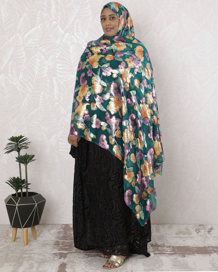 Teal green Premium pure silk chiffon garbasaar with multicolor print and metallic lurex in floral design-D17109 Regal Fabrics