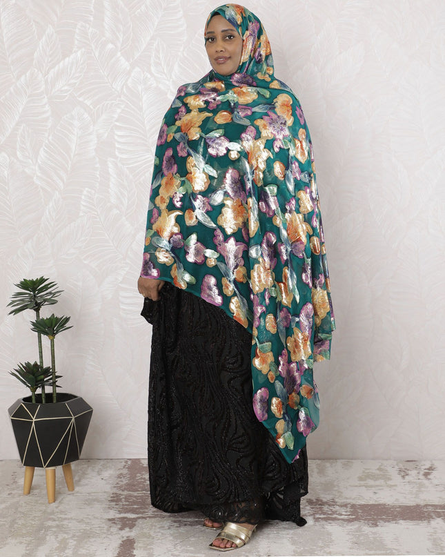 Teal green Premium pure silk chiffon garbasaar with multicolor print and metallic lurex in floral design-D17109