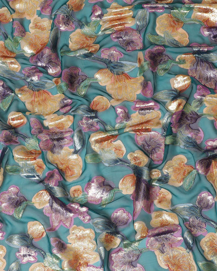 Teal green Premium pure silk chiffon garbasaar with multicolor print and metallic lurex in floral design-D17109 Regal Fabrics