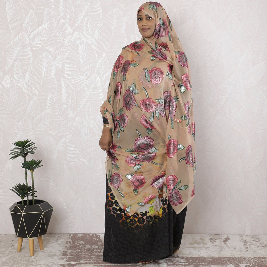 Pale brown Premium pure silk chiffon garbasaar with multicolor print and metallic lurex in floral design-D17112 Regal Fabrics