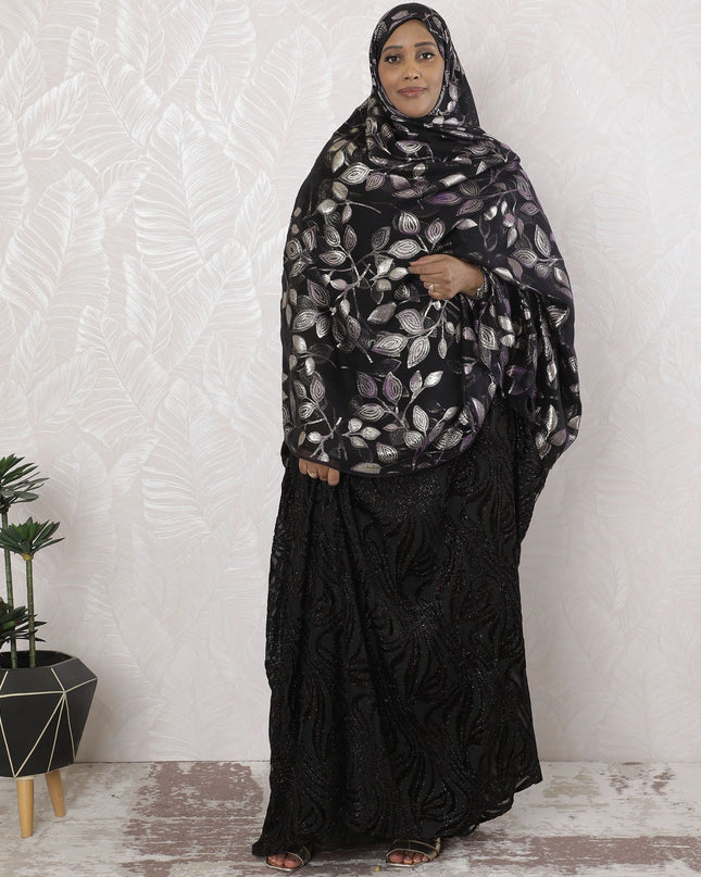 Black Premium pure silk chiffon fabric garbasaar with light pink mteallic lurex in Leaf design-D17115