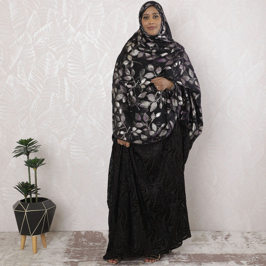 Black Premium pure silk chiffon fabric garbasaar with light pink mteallic lurex in Leaf design-D17115