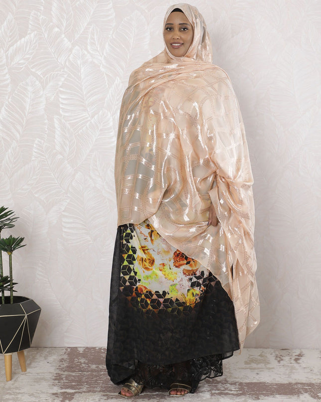 Light Peach Premium pure French (Fransawi) silk chiffon garbasaar with same tone metallic lurex in abstract design-D17120