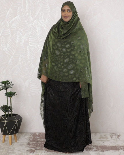 زيتوني داكن فاخر من الحرير الفرنسي (الفرانساوي) من الشيفون مع نفس اللون من الفسكوز والوركس المعدني الأسود بتصميم تجريدي -D17121