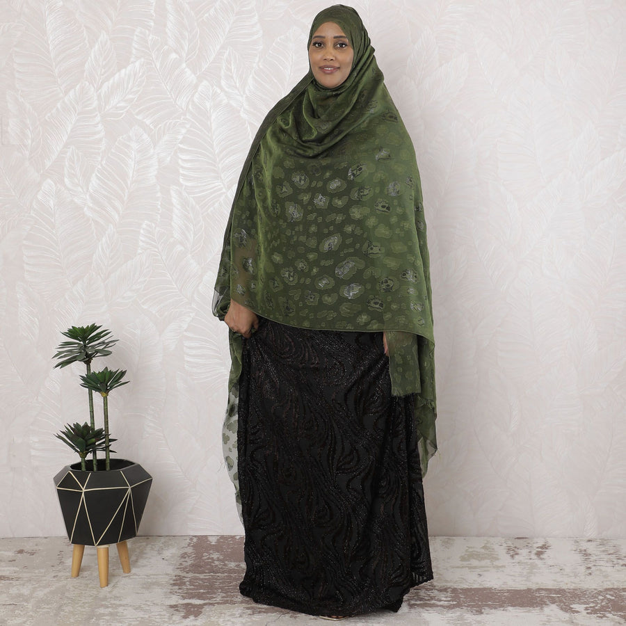 زيتوني داكن فاخر من الحرير الفرنسي (الفرانساوي) من الشيفون مع نفس اللون من الفسكوز والوركس المعدني الأسود بتصميم تجريدي -D17121