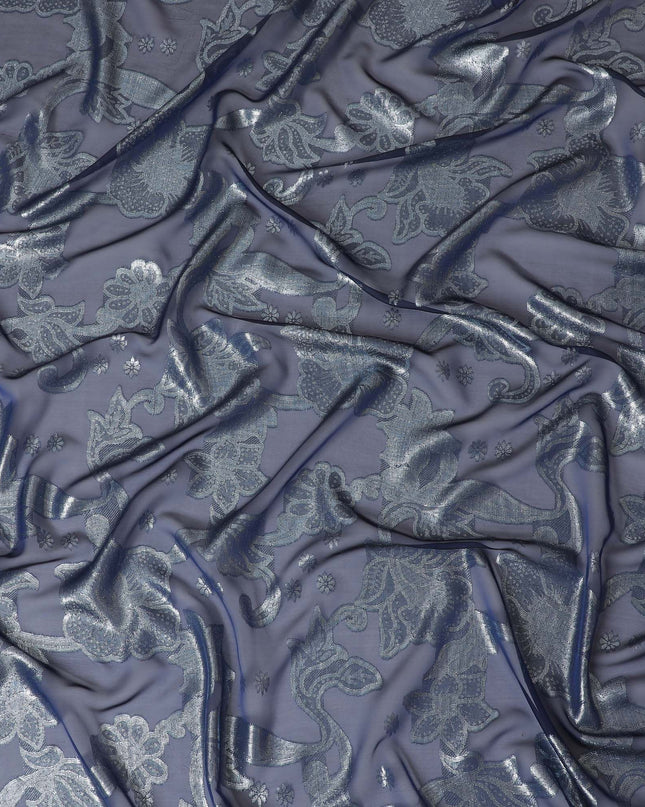 Royal blue Premium pure French (Fransawi) silk chiffon garbasaar with silver metallic lurex in floral design-D17123