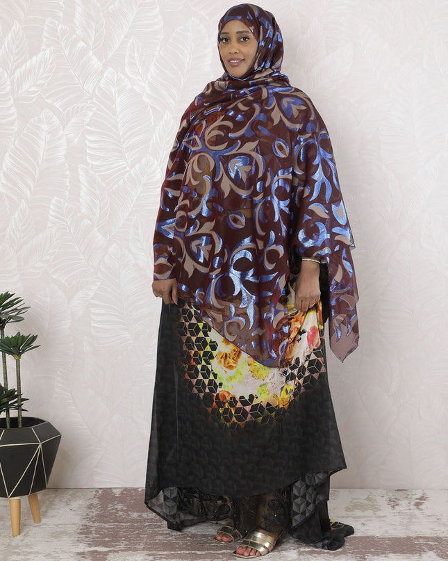 Maroon Premium pure French (Fransawi) silk chiffon garbasaar with beige viscose and blue metallic lurex in abstract design-D17124