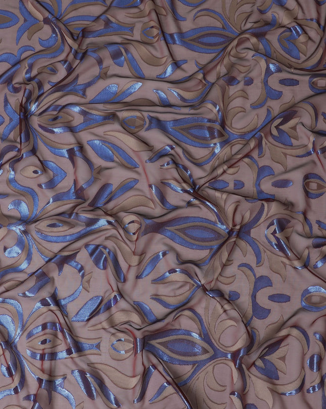Maroon Premium pure French (Fransawi) silk chiffon garbasaar with beige viscose and blue metallic lurex in abstract design-D17124