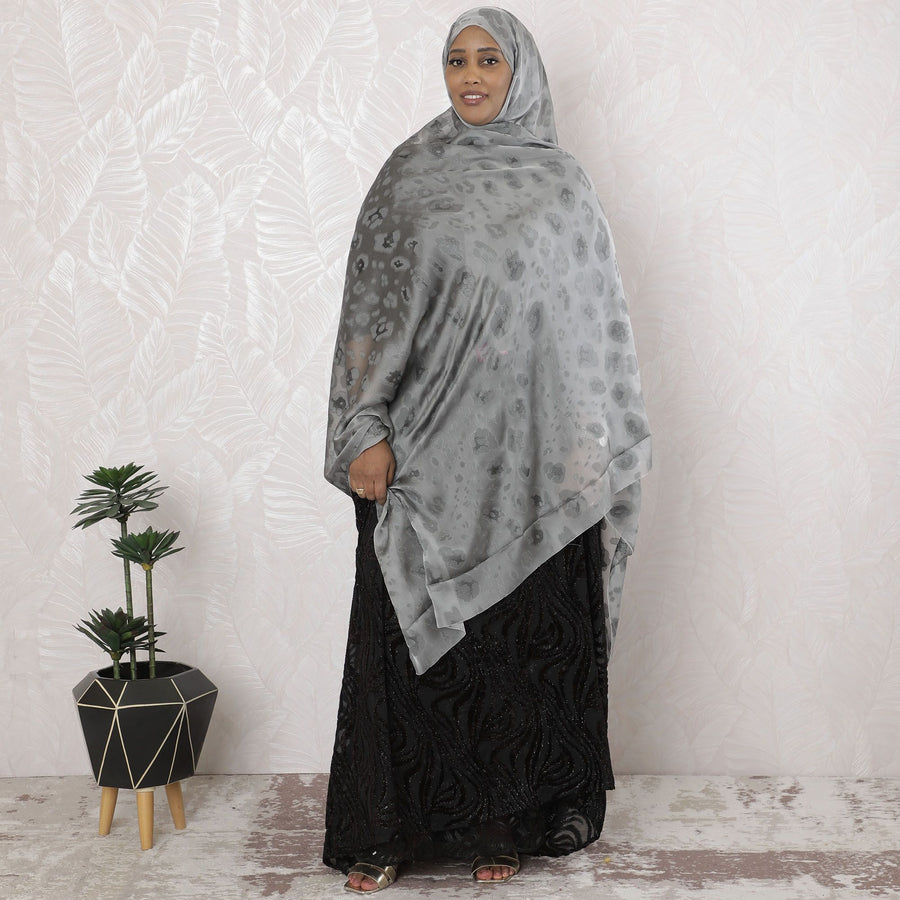 عملة رمادية فاخرة من الشيفون الحريري الفرنسي (الفرانساوي) الفاخر بنفس اللون، فيسكوز أسود بتصميم تجريدي-D17127