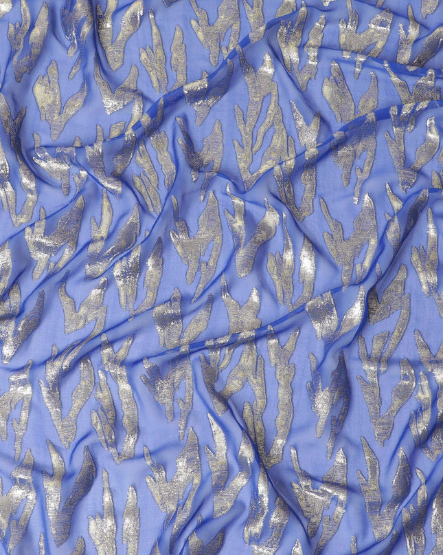 قماش شيفون من الحرير الخالص باللون الأزرق الملكي مع لوريكس معدني ذهبي وفضي بتصميم تجريدي -D17214