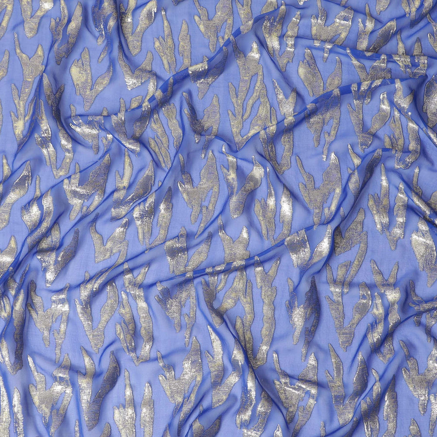Royal blue Premium pure silk chiffon fabric with gold and silver metallic lurex in abstract design-D17214
