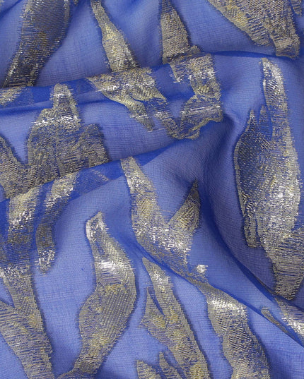 Royal blue Premium pure silk chiffon fabric with gold and silver metallic lurex in abstract design-D17214