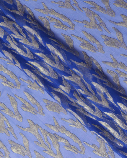 Royal blue Premium pure silk chiffon fabric with gold and silver metallic lurex in abstract design-D17214