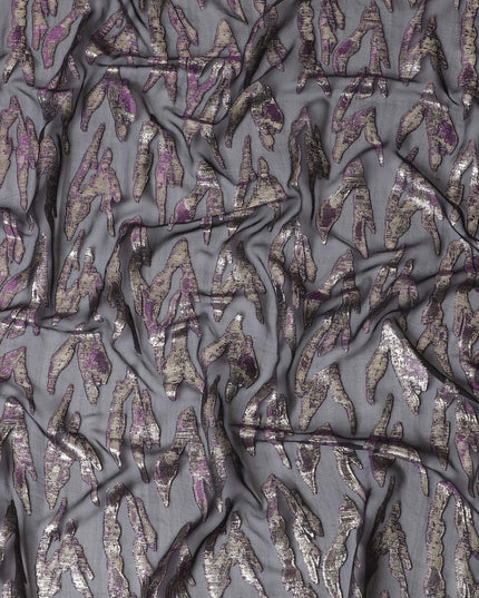 قماش شيفون من الحرير الخالص باللون الأسود مع لوريكس معدني ذهبي وأرجواني بتصميم تجريدي -D17215