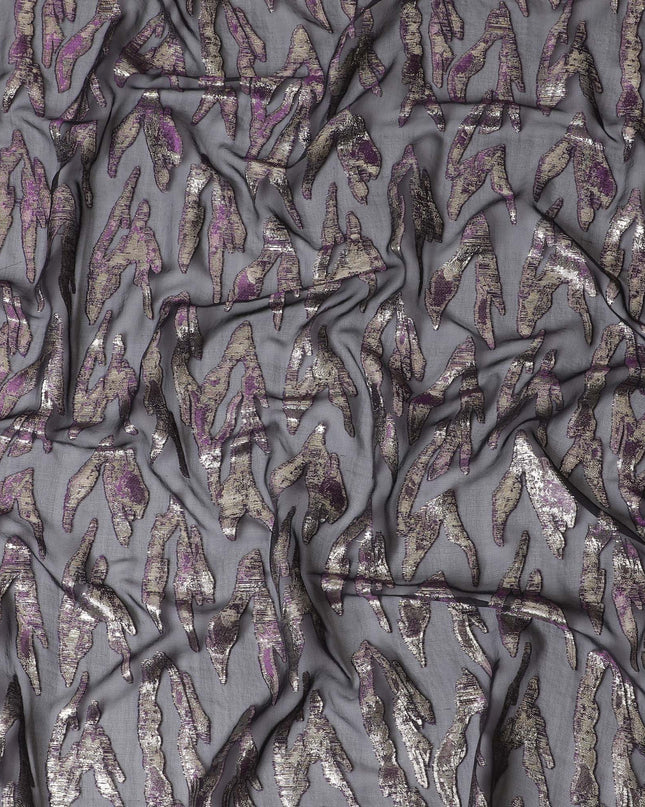 قماش شيفون من الحرير الخالص باللون الأسود مع لوريكس معدني ذهبي وأرجواني بتصميم تجريدي -D17215