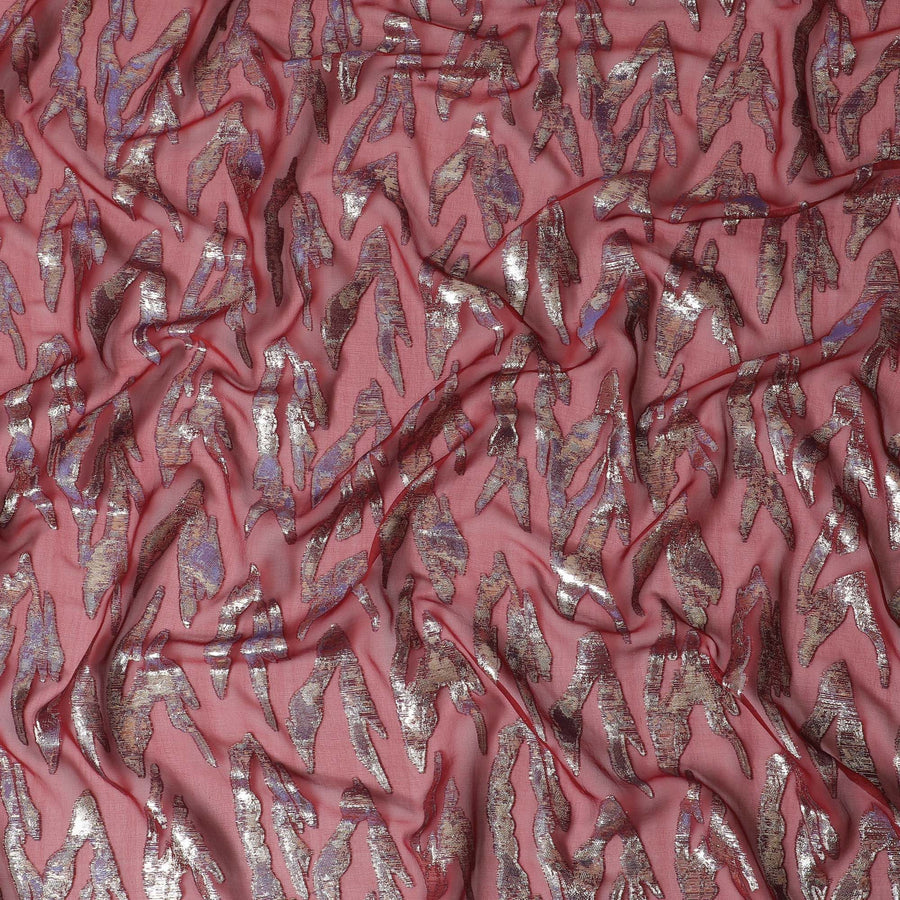 Maroon Premium pure silk chiffon fabric with gold and purple metallic lurex in abstract design-D17219