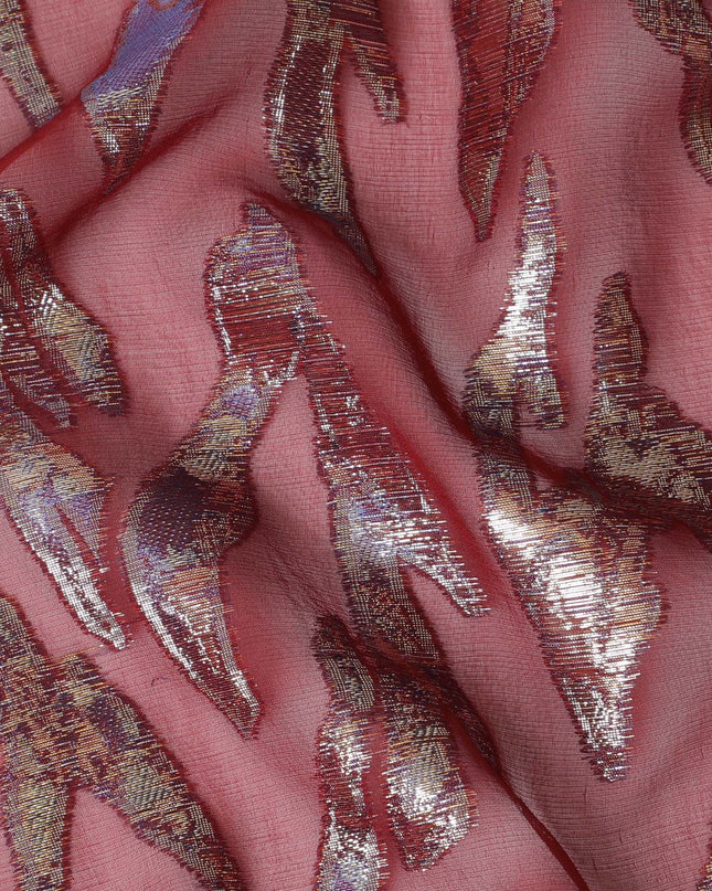 Maroon Premium pure silk chiffon fabric with gold and purple metallic lurex in abstract design-D17219