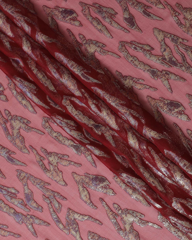 Maroon Premium pure silk chiffon fabric with gold and purple metallic lurex in abstract design-D17219