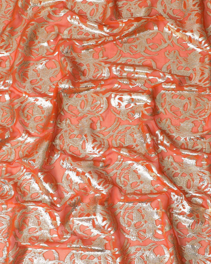 Pumpkin orange Premium pure silk chiffon fabric with gold metallic lurex in abstract design-D17220