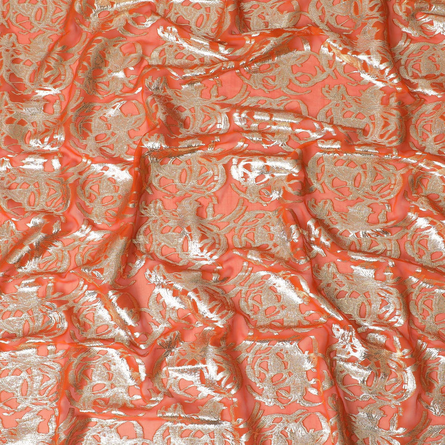 Pumpkin orange Premium pure silk chiffon fabric with gold metallic lurex in abstract design-D17220