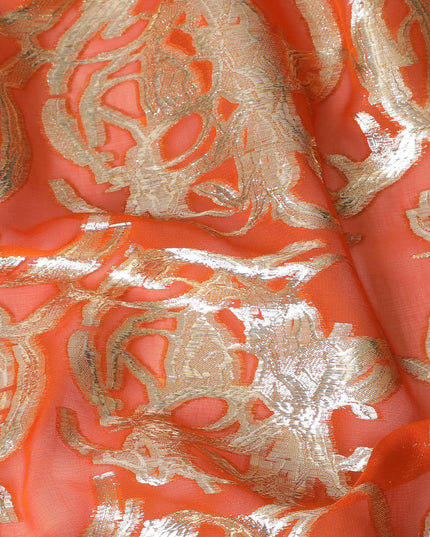 Pumpkin orange Premium pure silk chiffon fabric with gold metallic lurex in abstract design-D17220