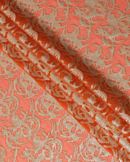 Pumpkin orange Premium pure silk chiffon fabric with gold metallic lurex in abstract design-D17220