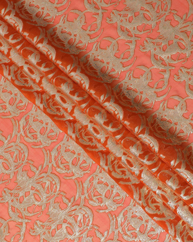 قماش شيفون من الحرير الخالص الفاخر باللون البرتقالي مع لوريكس معدني ذهبي بتصميم تجريدي -D17220