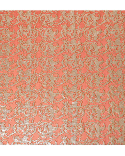 Pumpkin orange Premium pure silk chiffon fabric with gold metallic lurex in abstract design-D17220